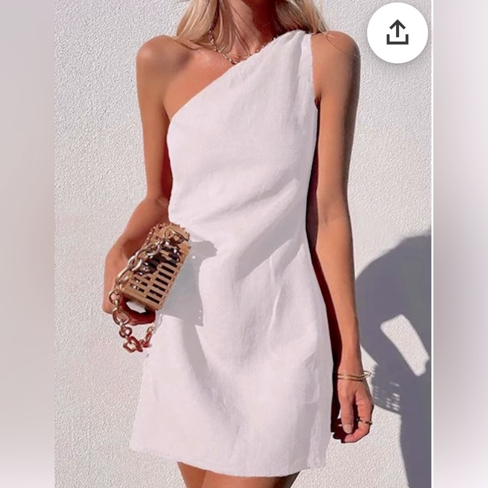 White One Shoulder Linen Dress, XS